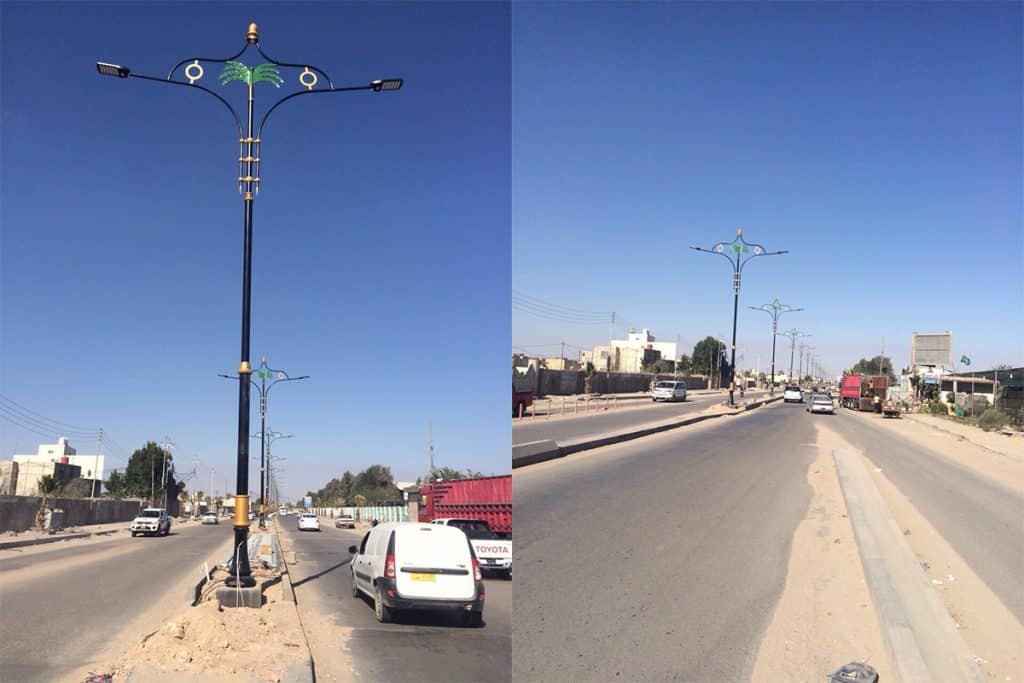 lamparas de alumbrado publico led en una carretera en Irak