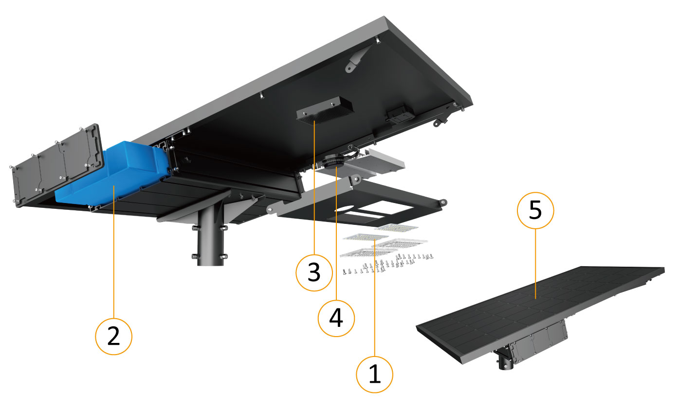 AIO farola solar exterior potente vista despiezada