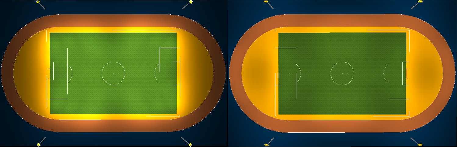 Iluminación para campos de atletismo pobre vs bueno